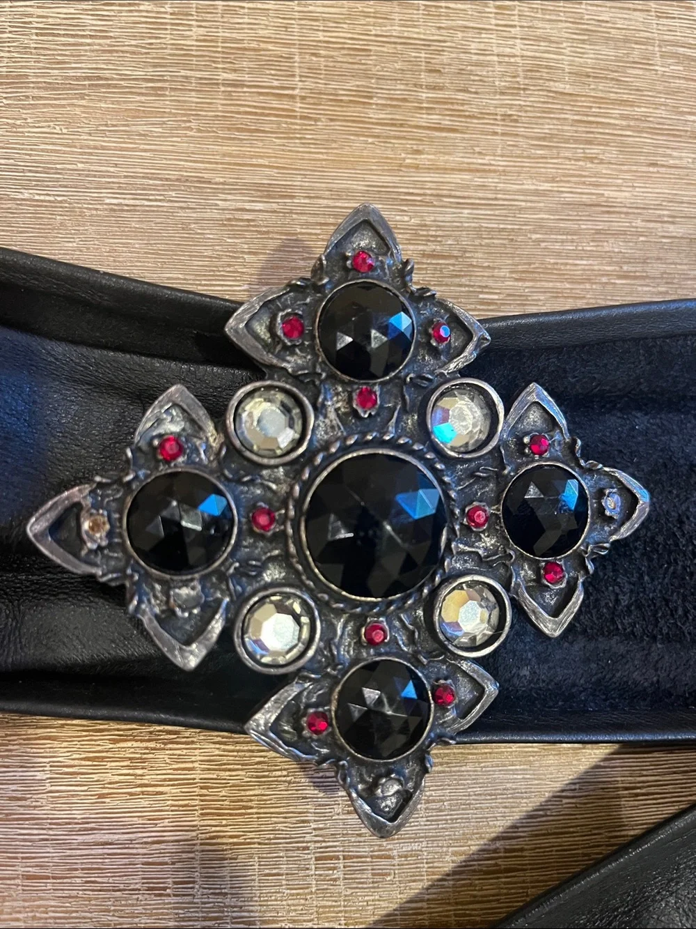 Black Leather Belt with Rhinestone Buckle